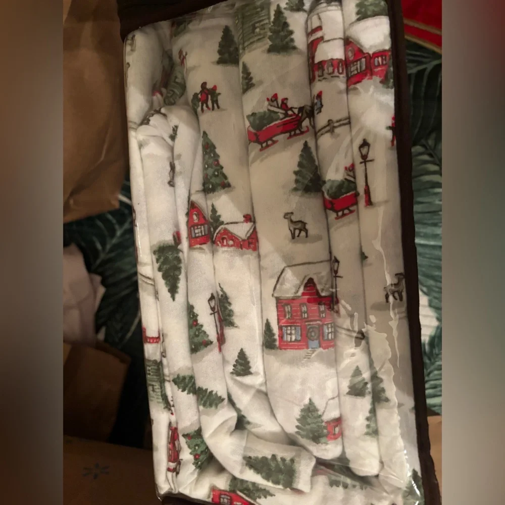 Laura Ashley Festive Holiday village king Flannel Sheet Set - Red and Green